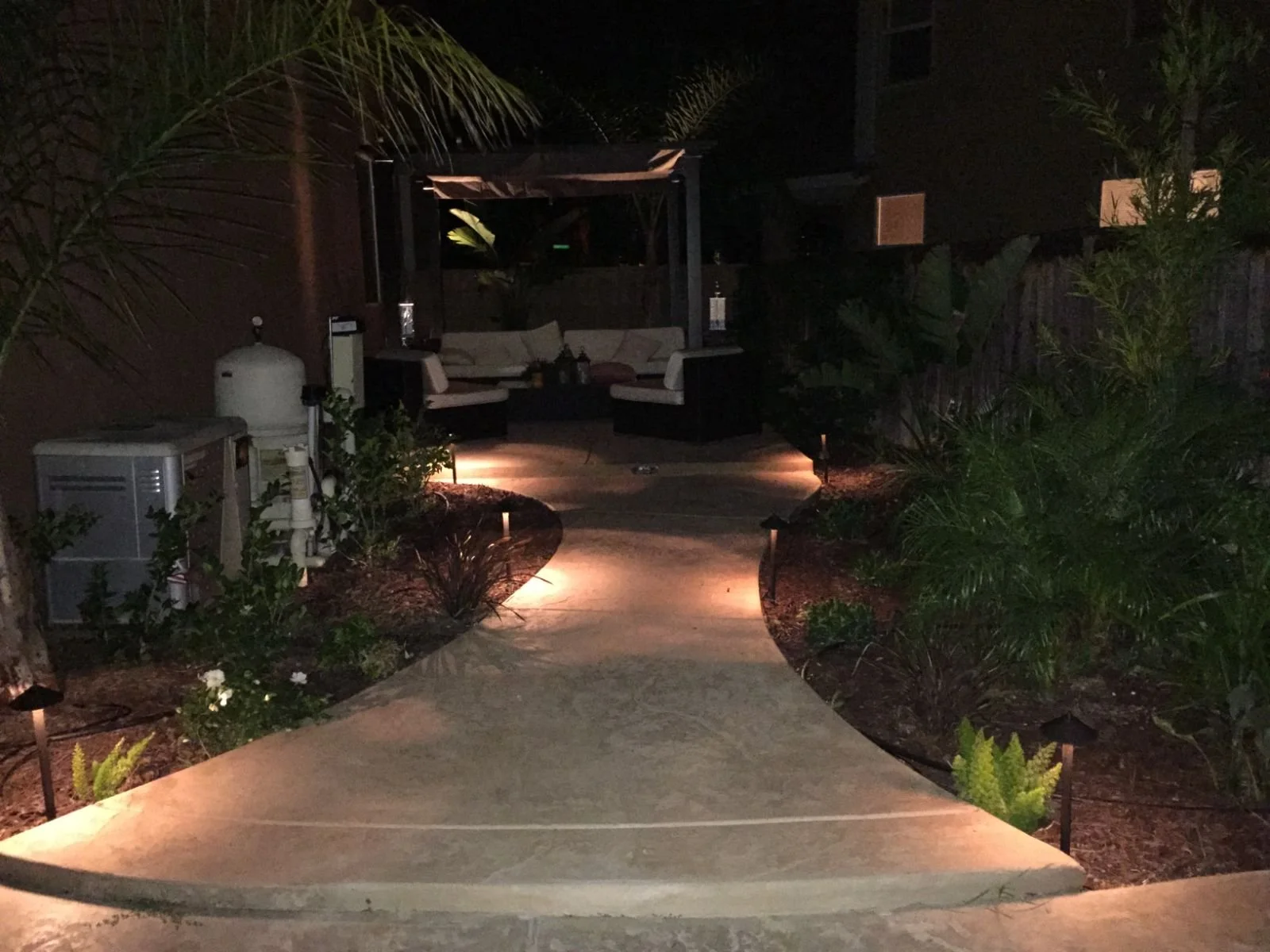 Backyard path lights at night