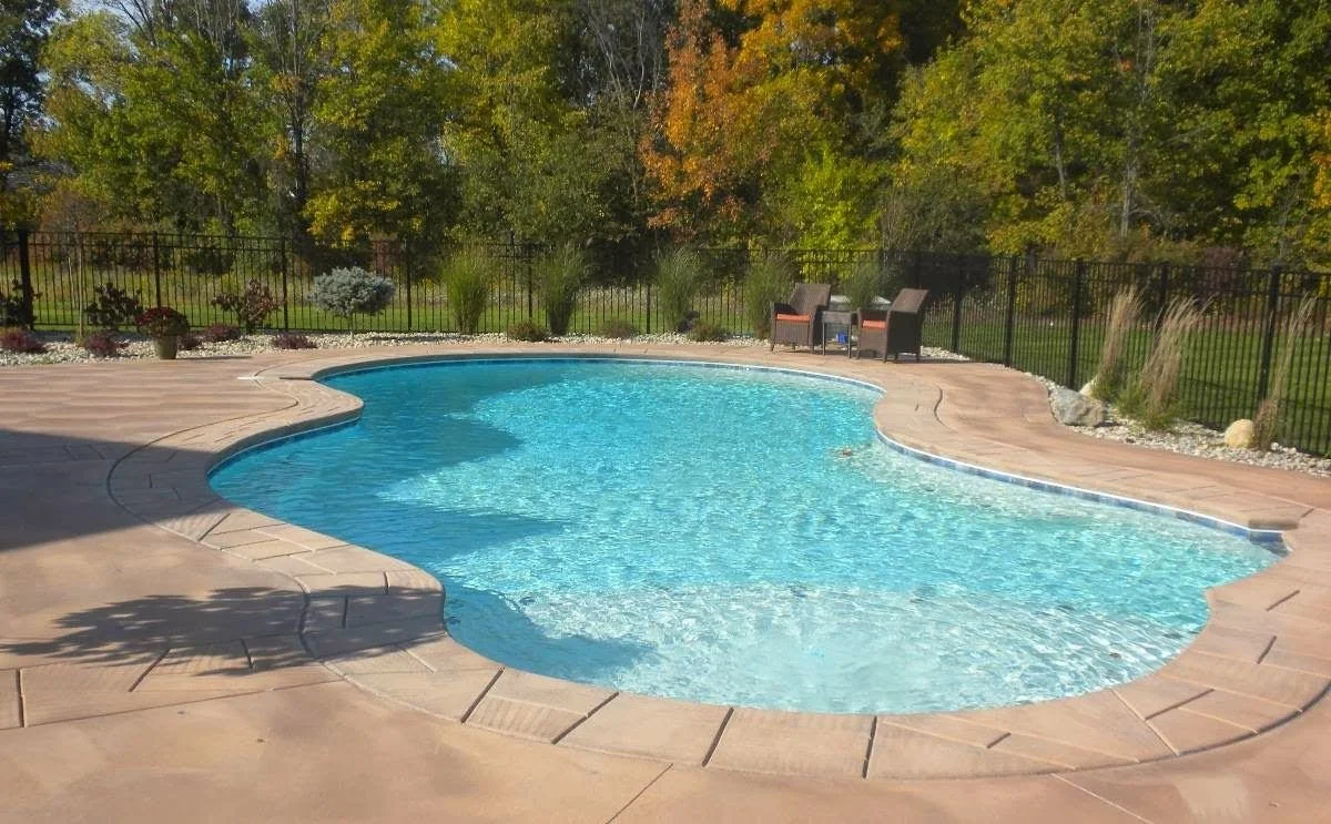 Clean freeform pool in a backyard