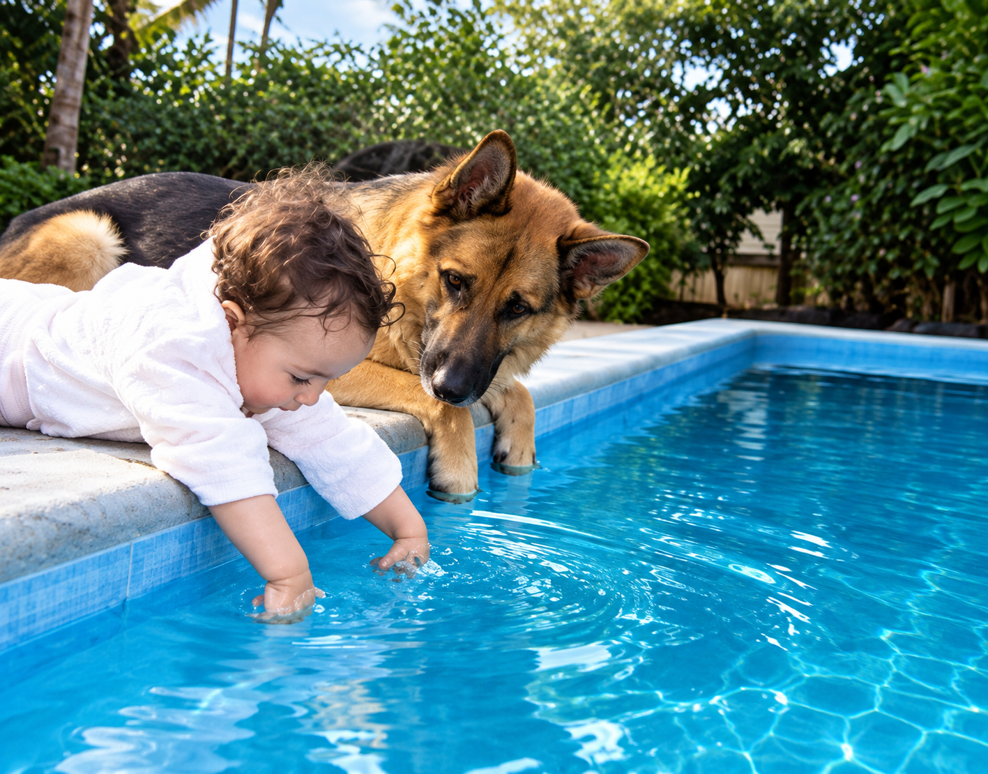 Child and dog at the pool edge