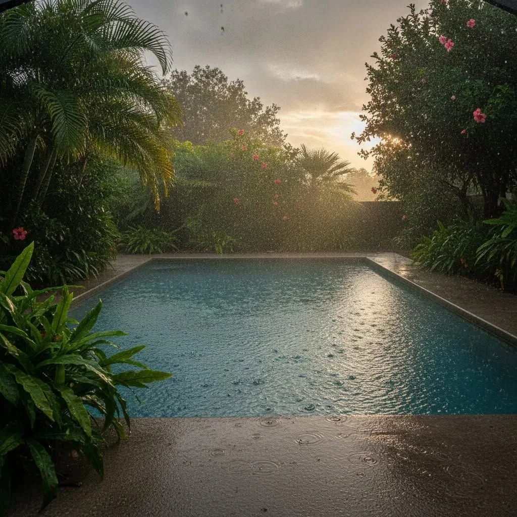 Pool at dawn with greenery in East Lake Woodlands