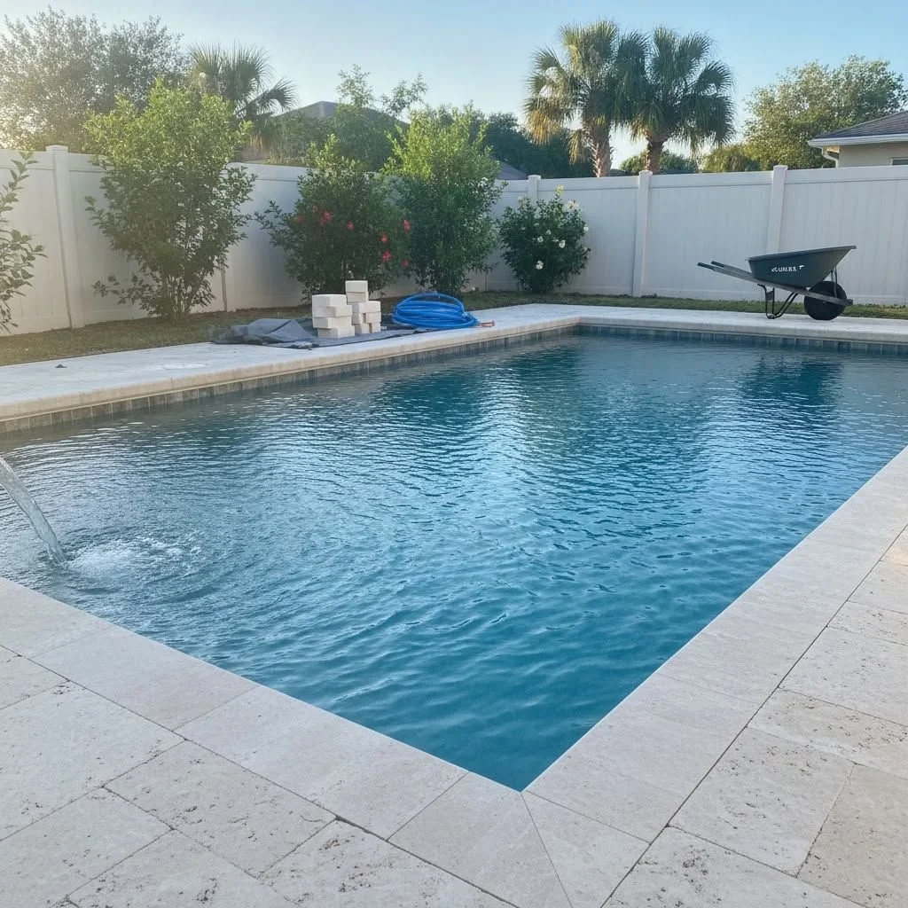 Rectangular pool with travertine deck