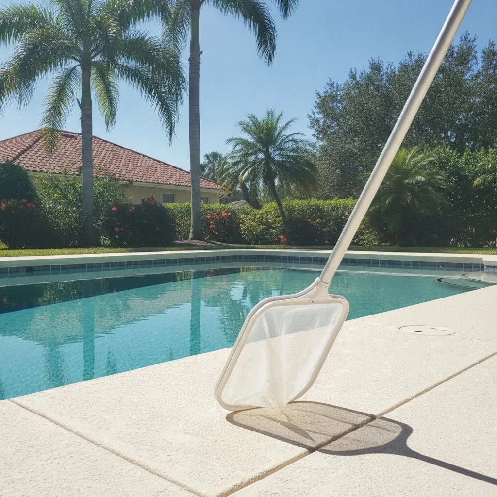 Skimmer net on a clear pool