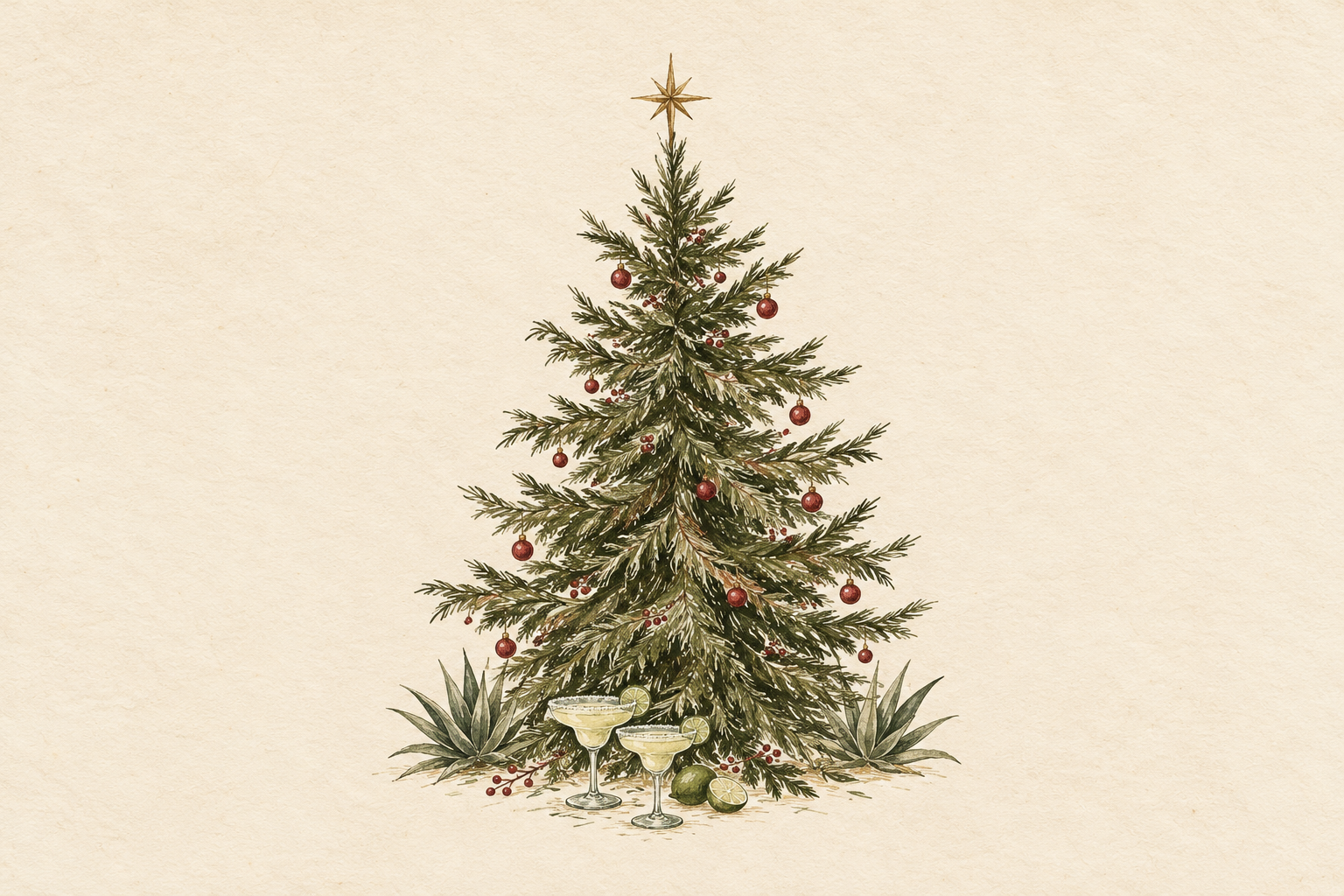 Hand-drawn olive-green Christmas tree with red baubles, a gold star and margaritas on a natural parchment background
