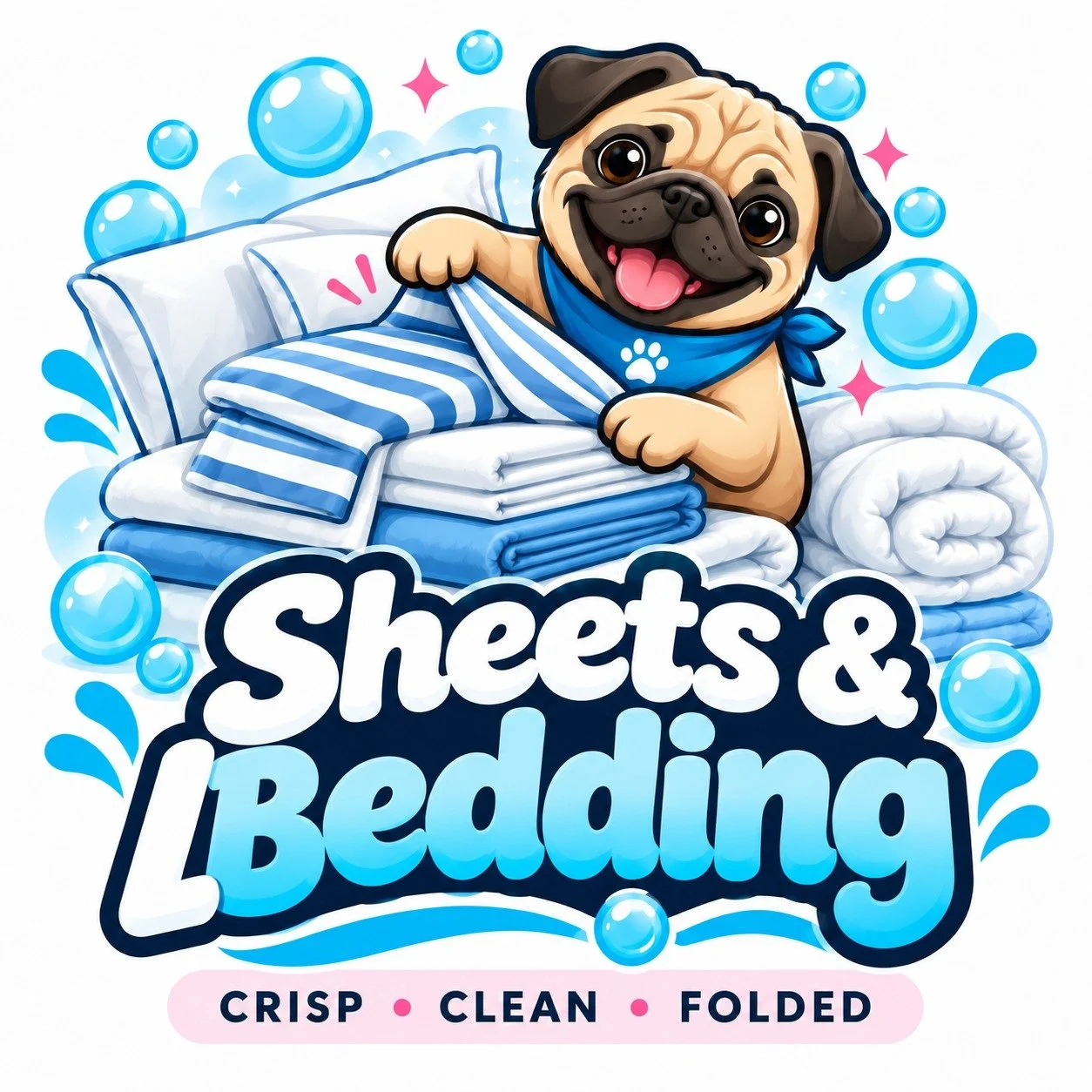 Pug mascot with stacked sheets and bedding