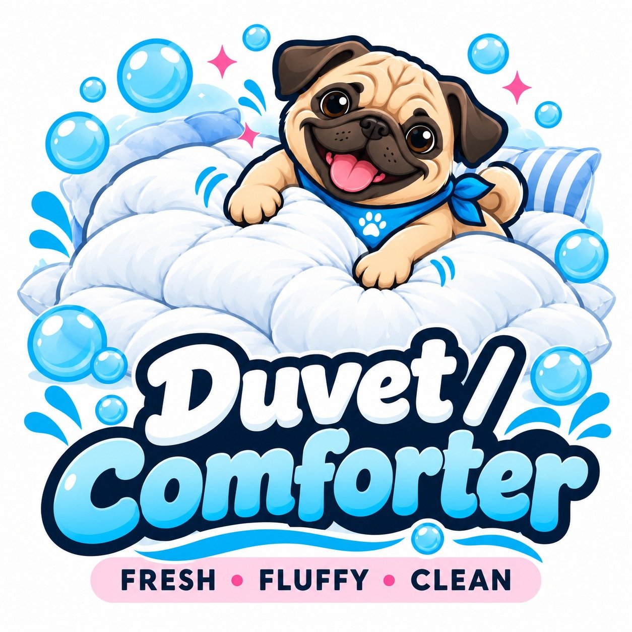 Pug mascot on a fluffy duvet
