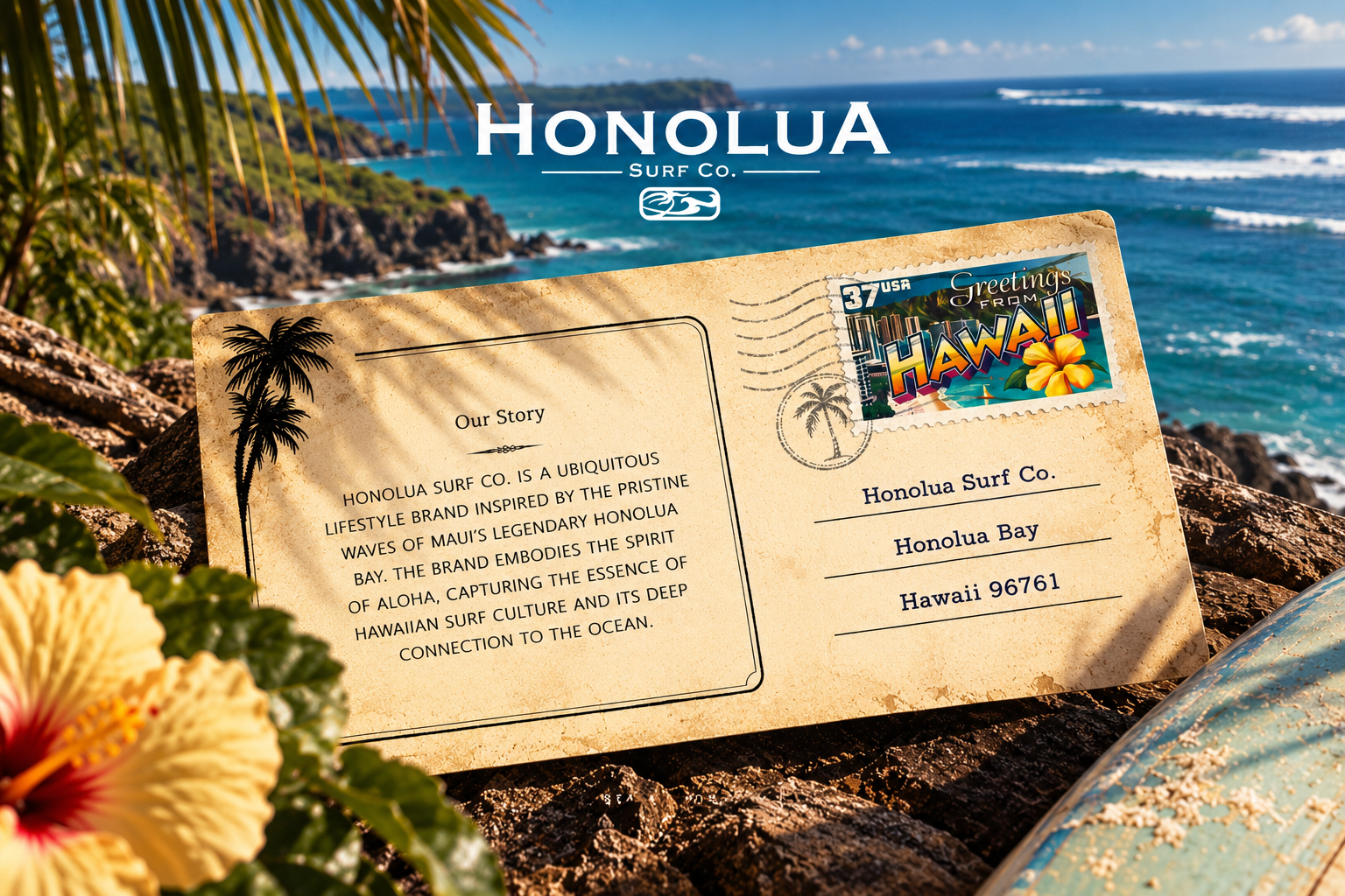 Honolua Surf Co. postcard resting on coastal rocks above the Hawaiian ocean, surrounded by palm leaves, a hibiscus flower, and a surfboard.
