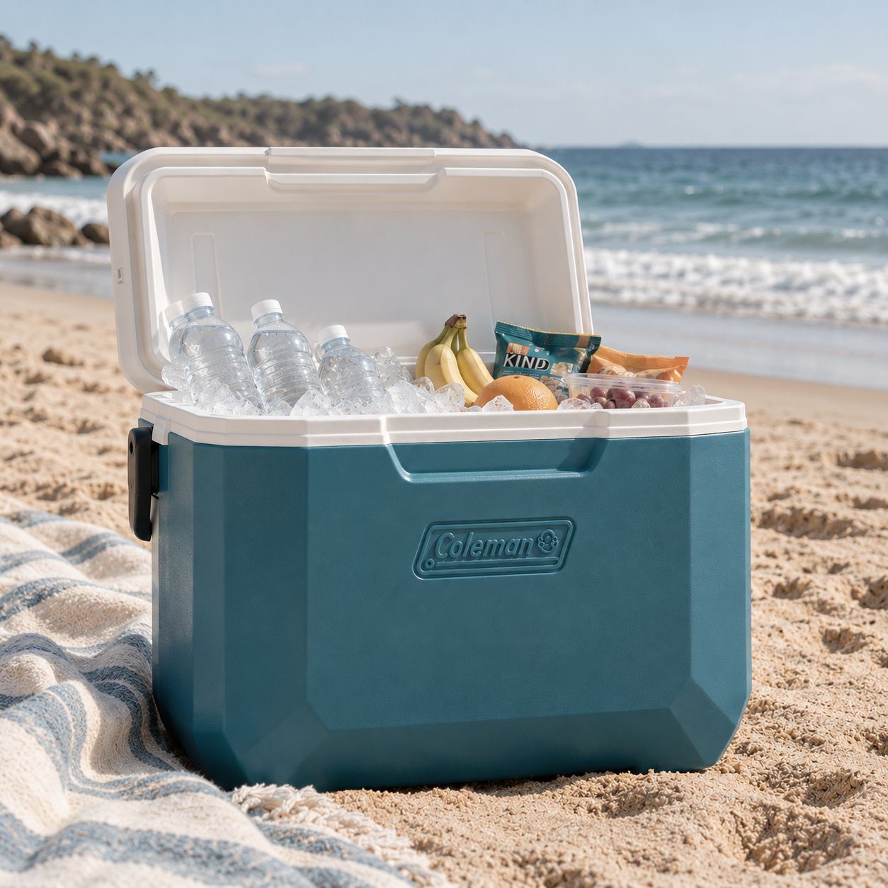 Coleman beach cooler with cold drinks and snacks