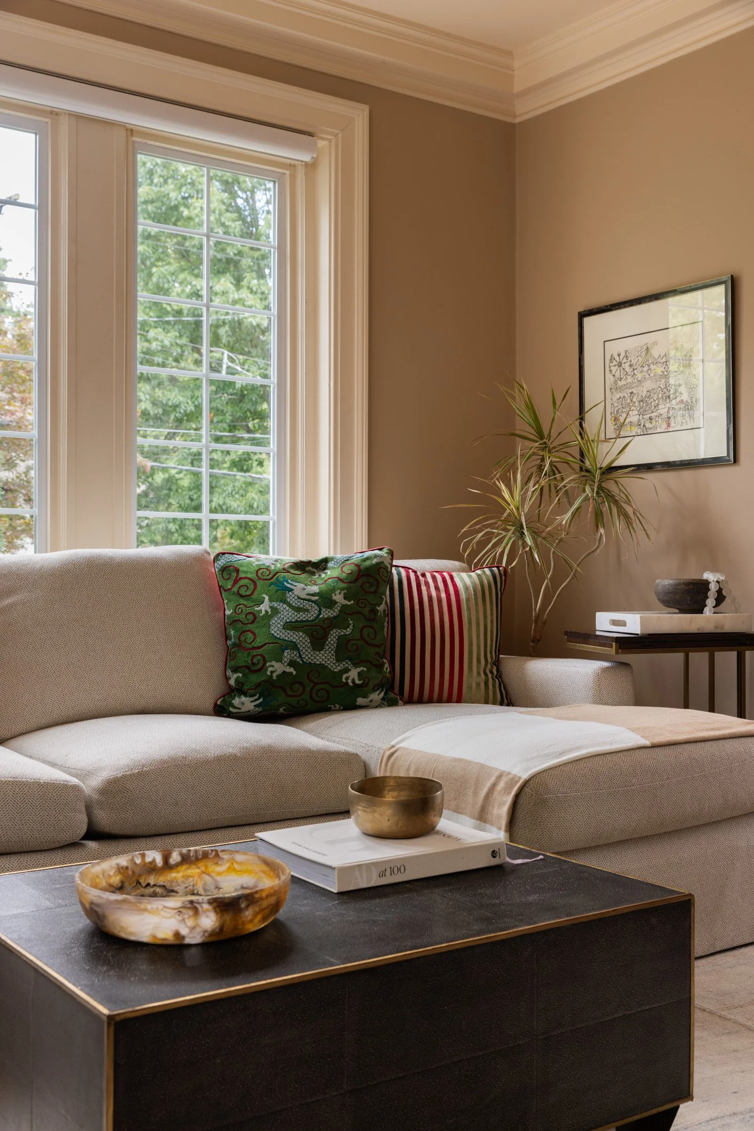 Neutral sofa with patterned cushions and a dark wood coffee table