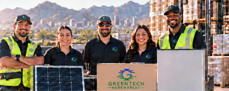Illustrated Greentech team at a Southwest solar distribution warehouse