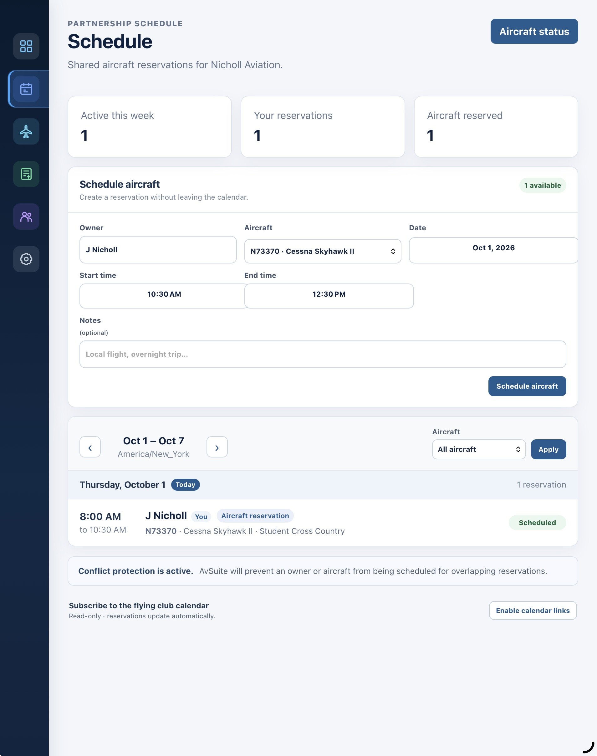 AvSuite Lite aircraft scheduling screen