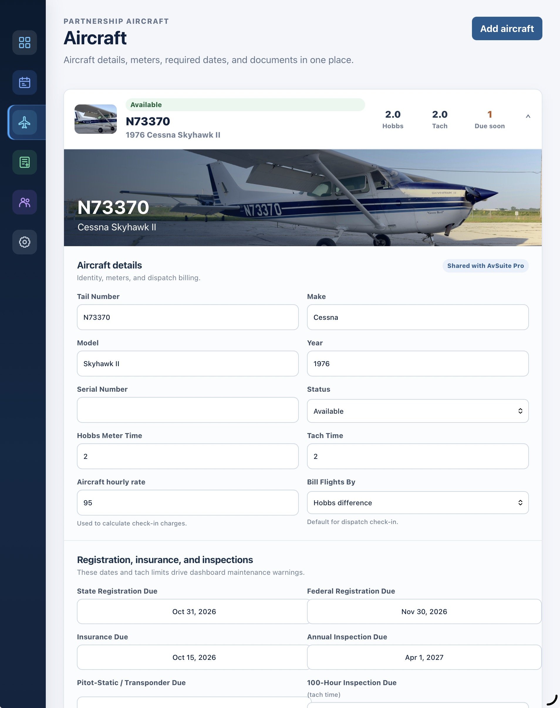 AvSuite Lite aircraft and maintenance screen