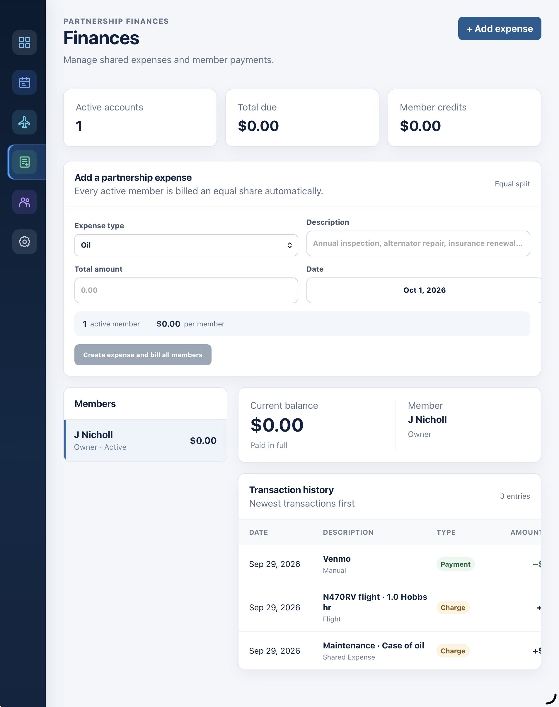 AvSuite Lite billing and expenses screen