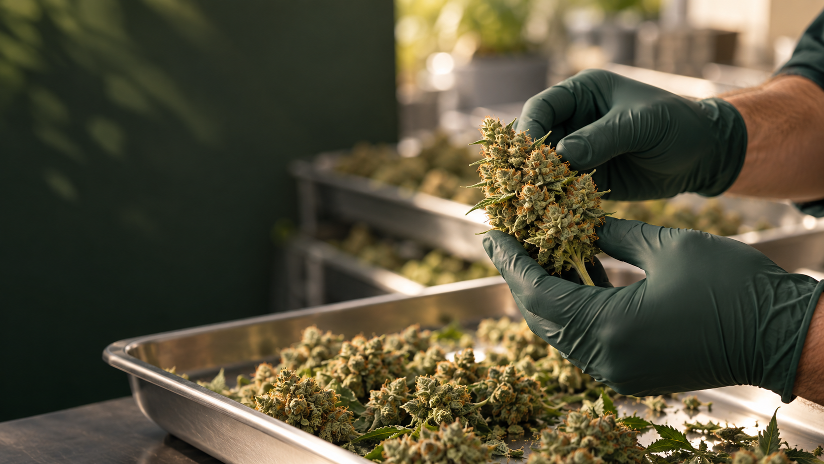 Illustrative image of gloved hands carefully inspecting harvested cannabis flower