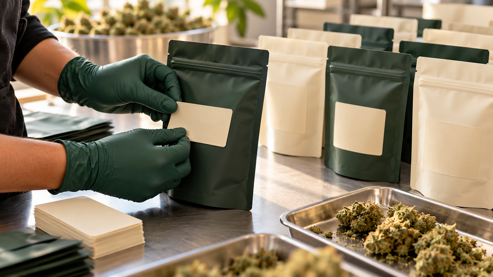 Illustrative image of blank-label cannabis packaging being prepared on a clean packing table