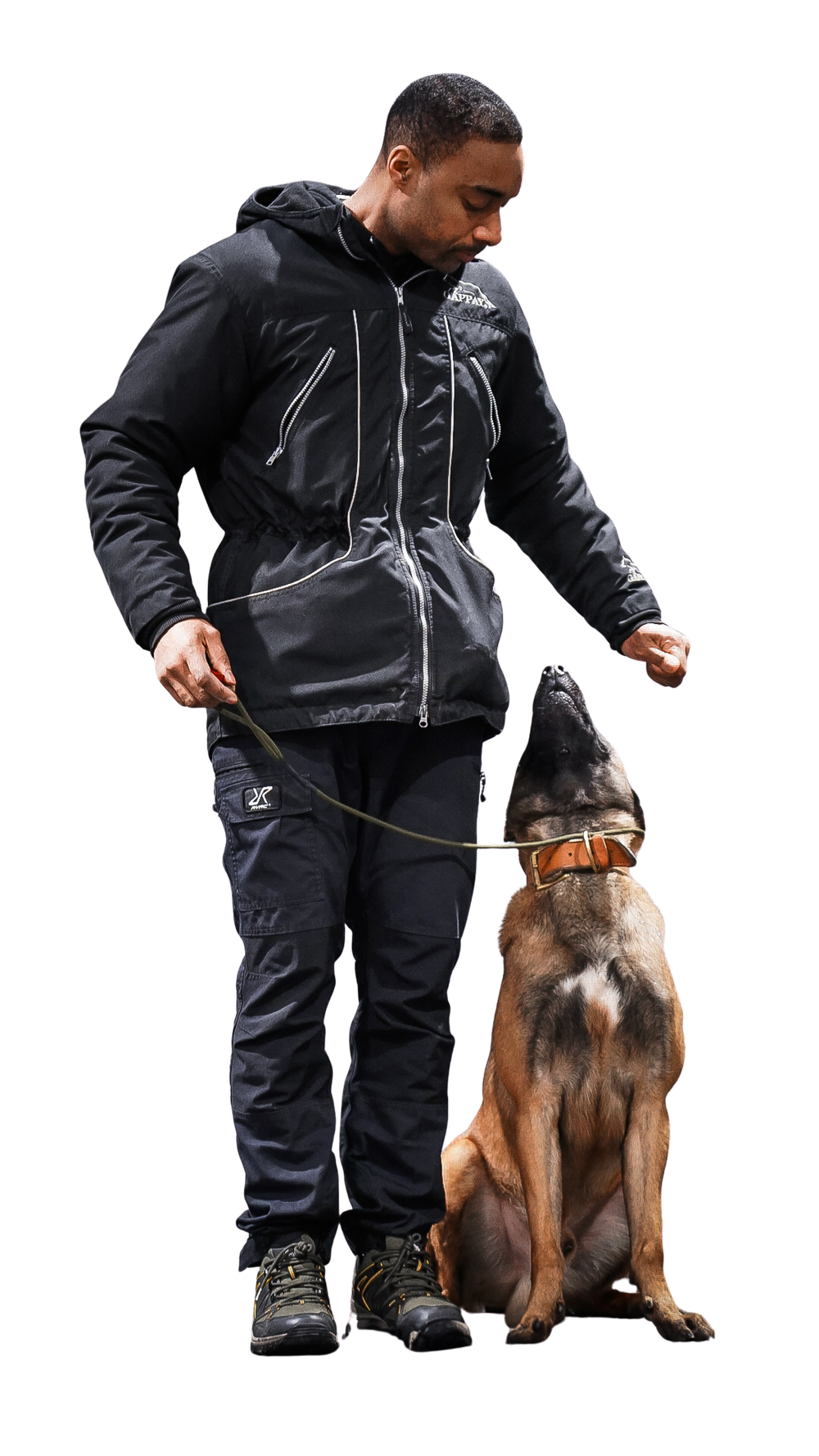 Roman standing beside a seated dog during training