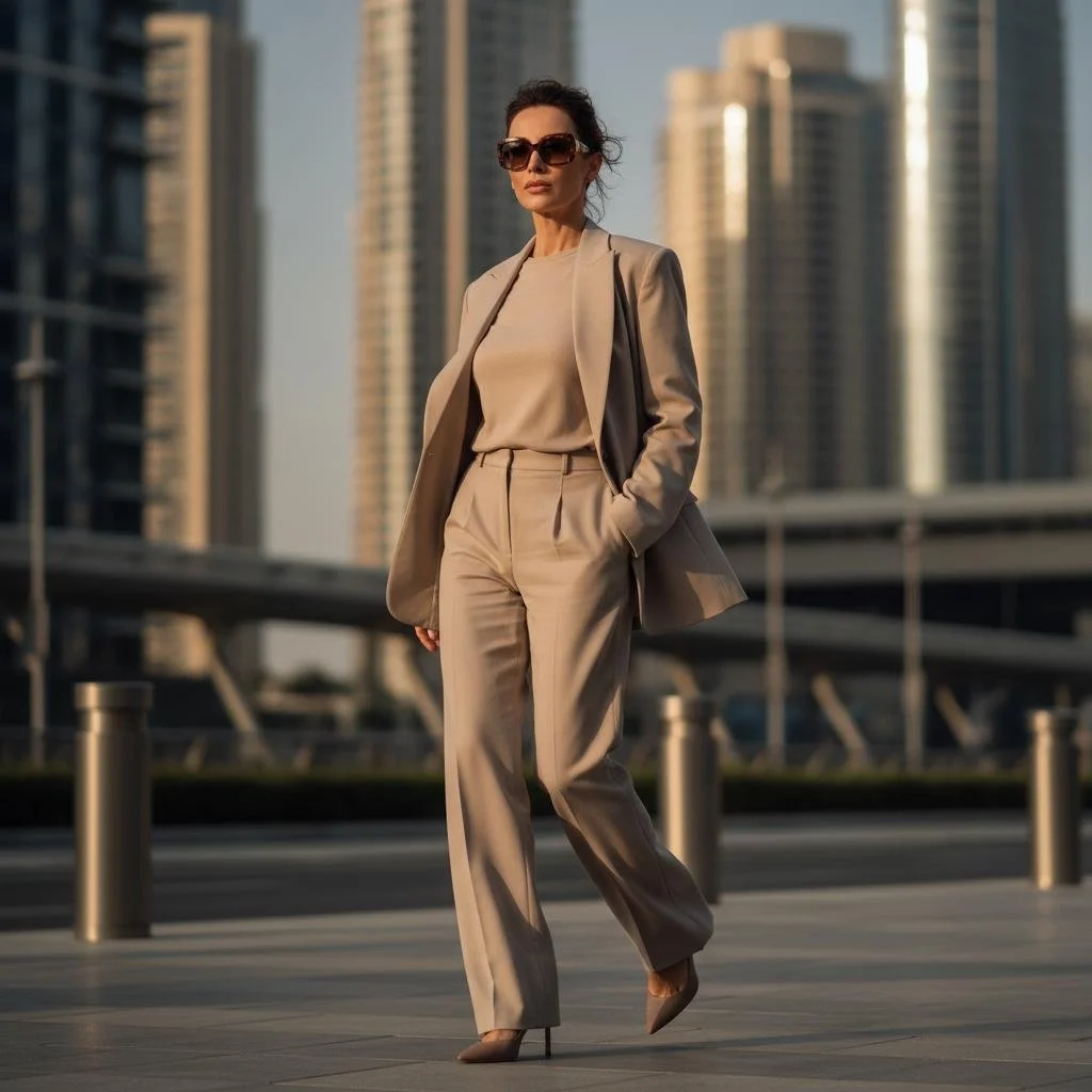 A confident woman in a beige suit walking through the city