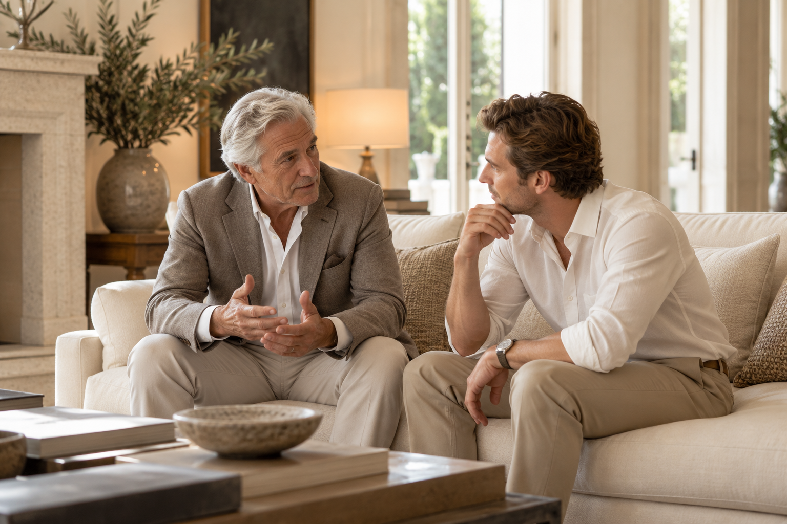 A father and his adult son in conversation in an elegant, light-filled home