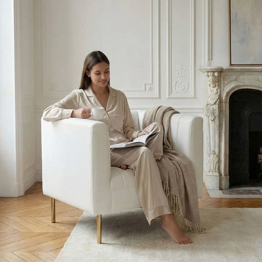 A woman enjoying coffee and reading in an elegant home