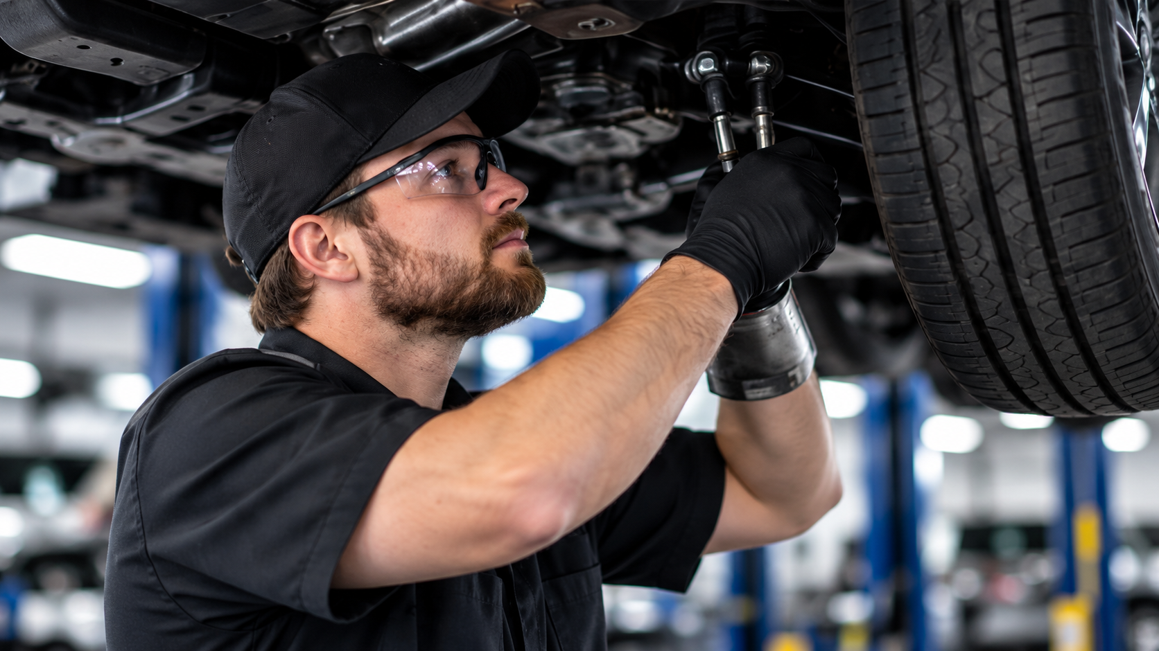 Automotive technician working beneath a raised vehicle