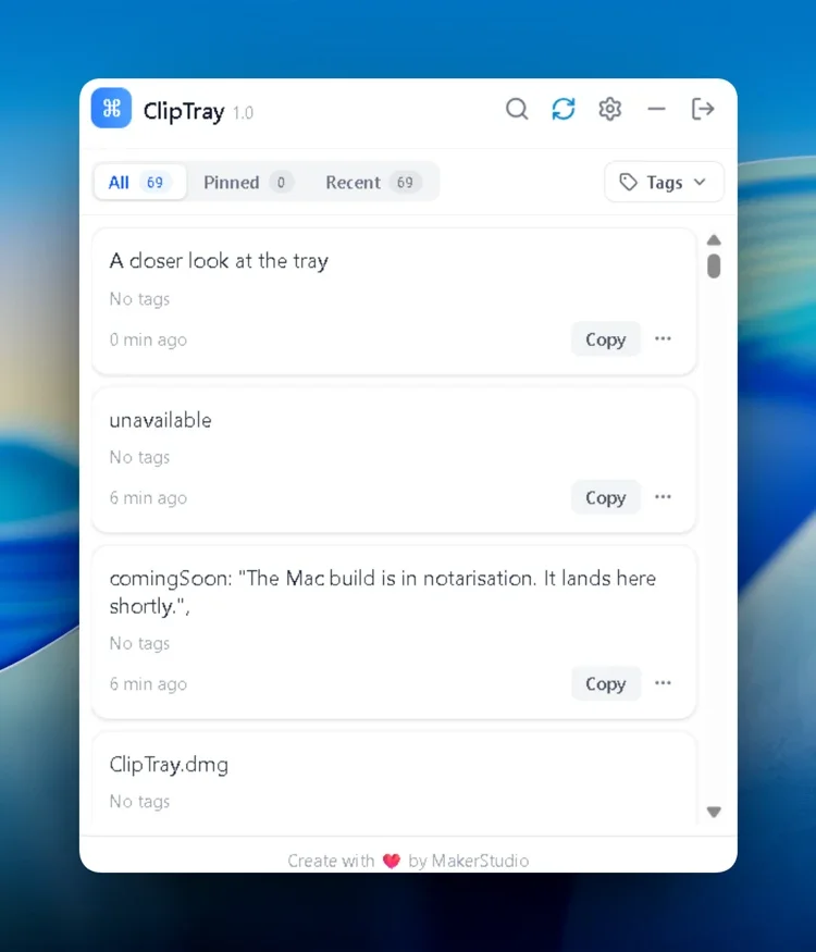 Cliptray desktop application showing saved clipboard items, search, pinned items and tags.