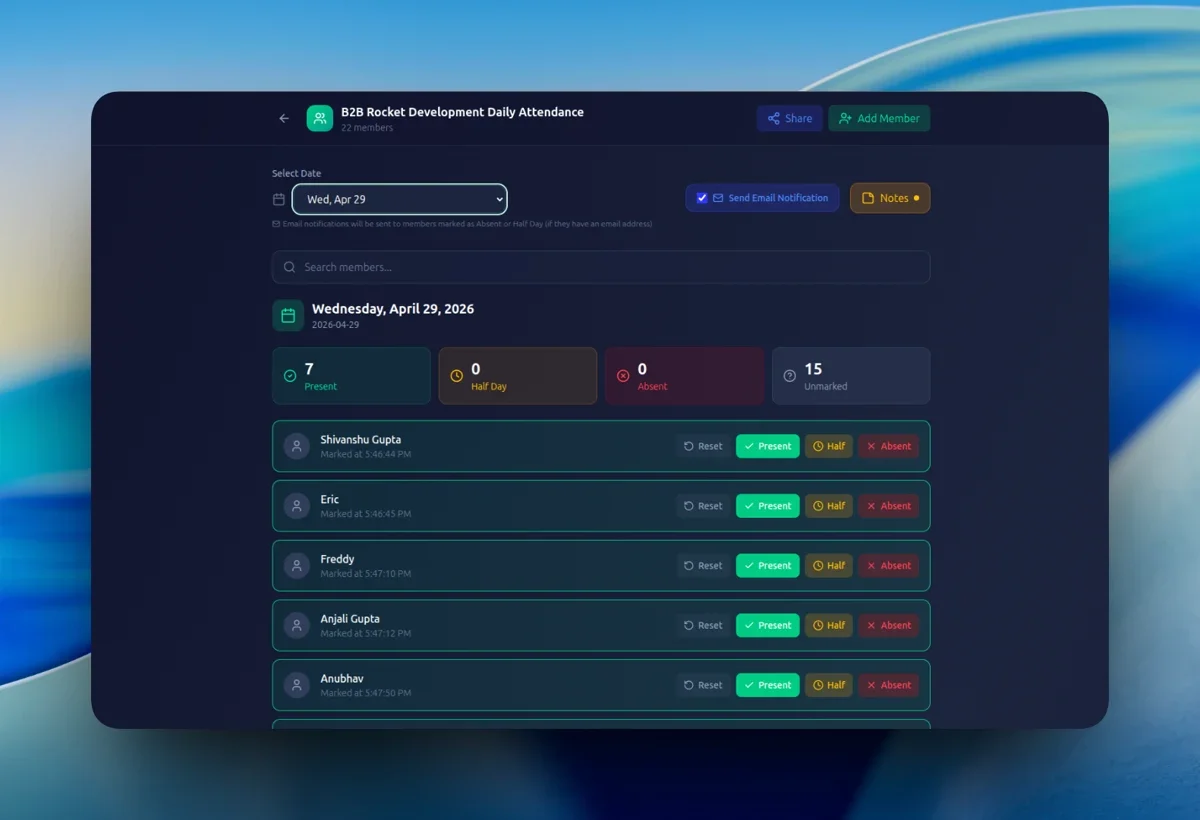 Simple Attendance dashboard showing team attendance and employee status.