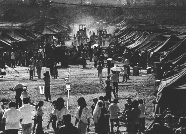 View of the Orote Point refugee camp on Guam, around 1975