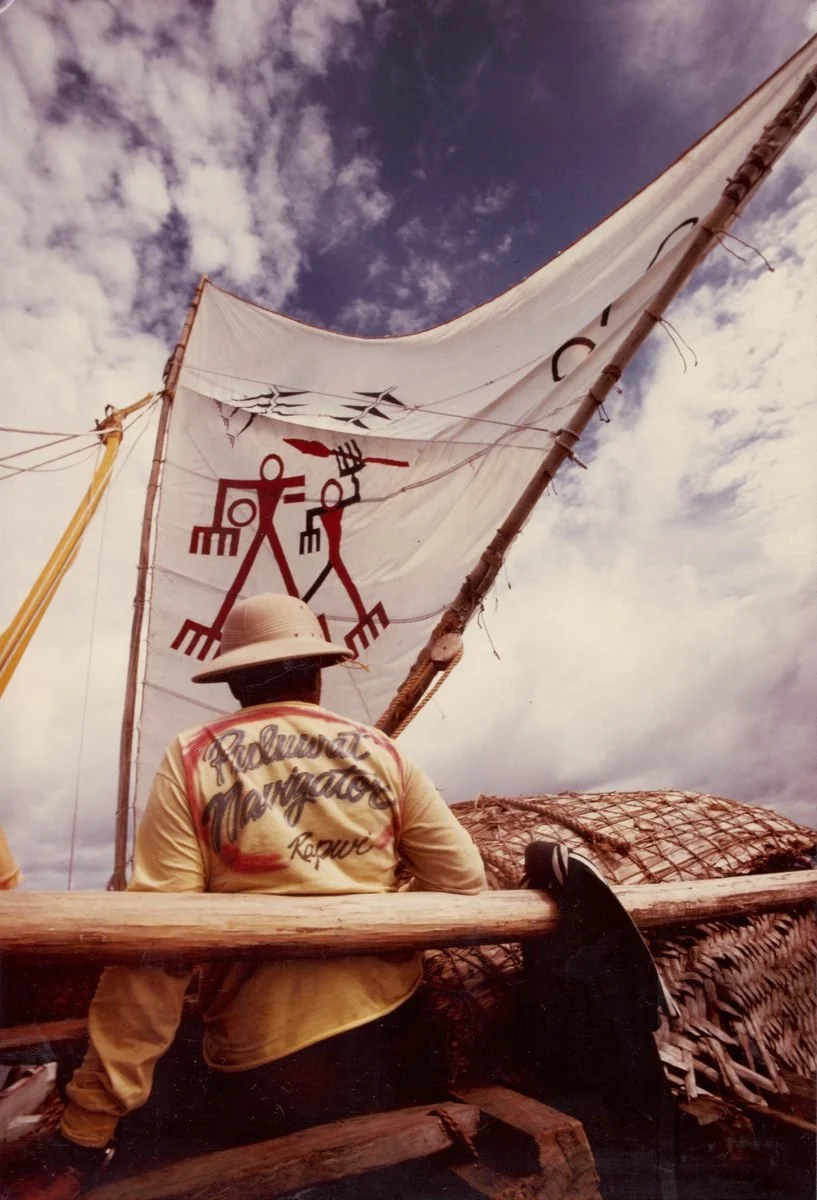 A painted sail on a traditional voyaging canoe