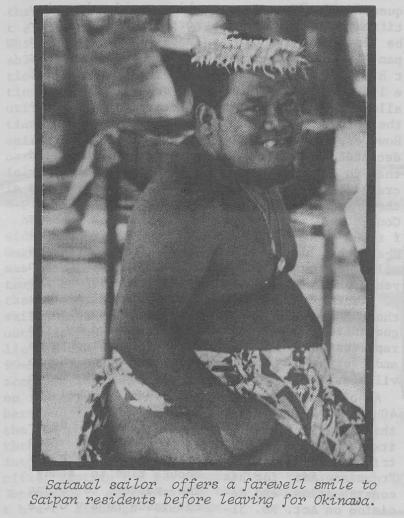 A Satawal sailor offers a farewell smile to Saipan residents before leaving for Okinawa