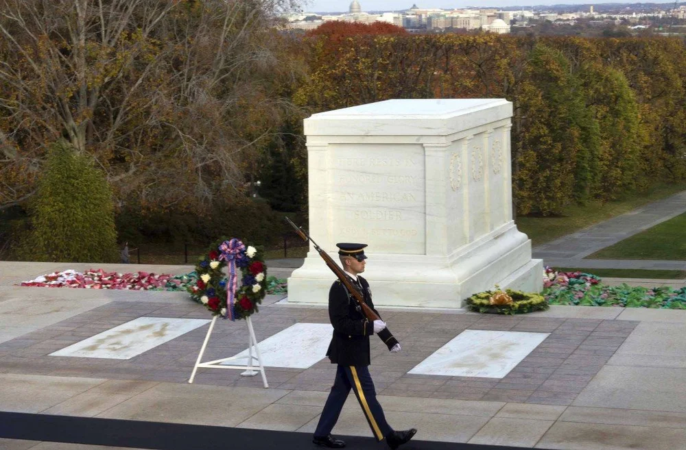 A Tomb Guard walks the mat at the Tomb of the Unknown Soldier, Arlington National Cemetery