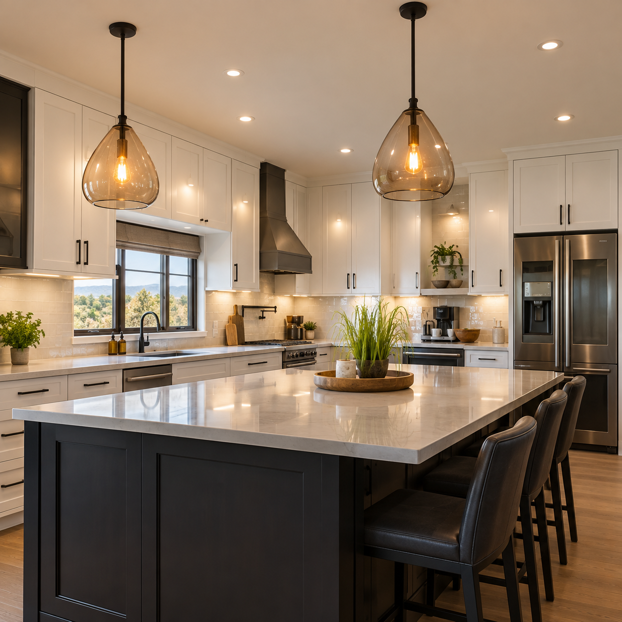 White kitchen with amber pendant lights and a dark island