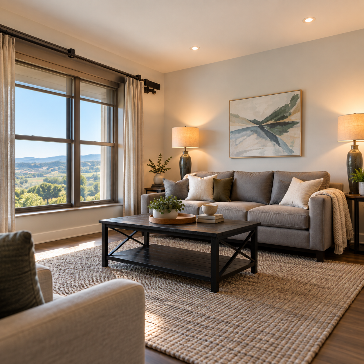 Neutral living room with a valley view