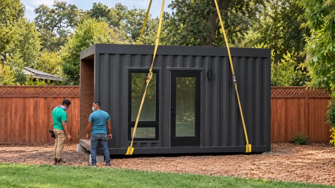 Bay Modular ADU being placed by crane in a backyard