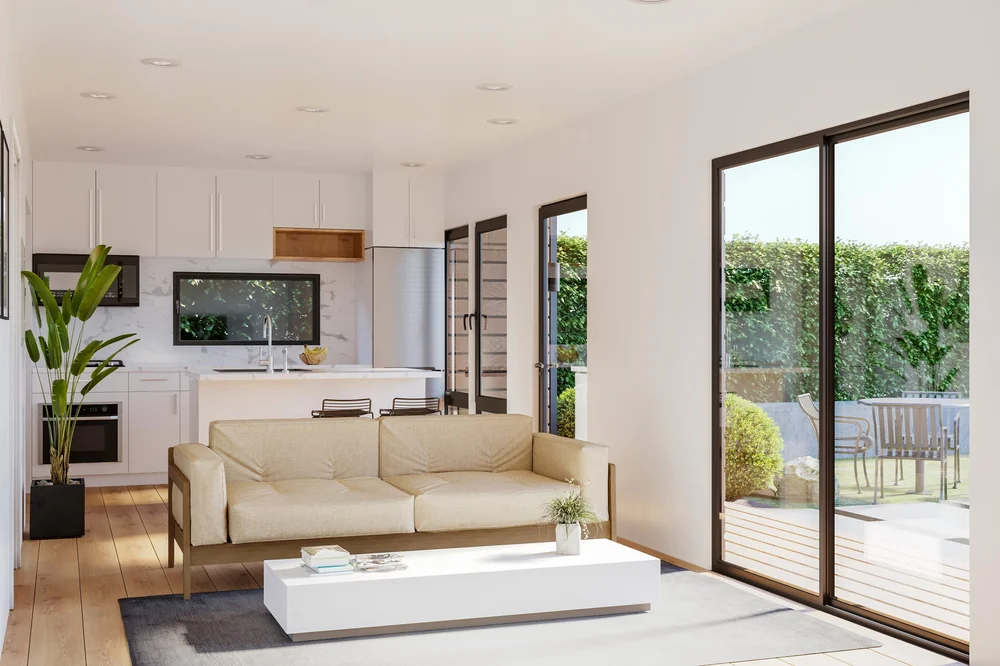 Living room and kitchen inside a Bay Modular 1 Bedroom ADU