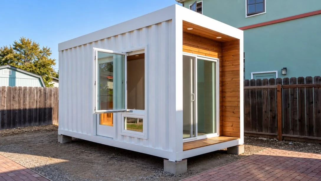 White ADU with wood-clad entry