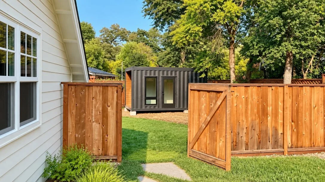 Finished ADU behind a wooden fence
