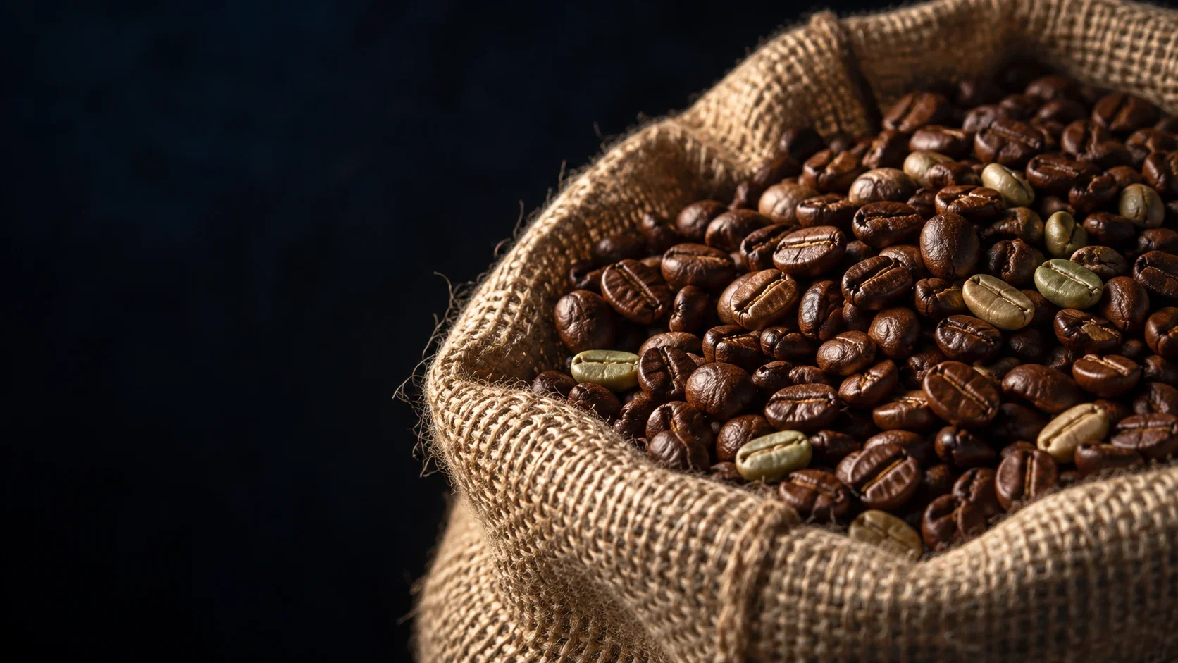 Roasted coffee beans and green coffee in natural burlap