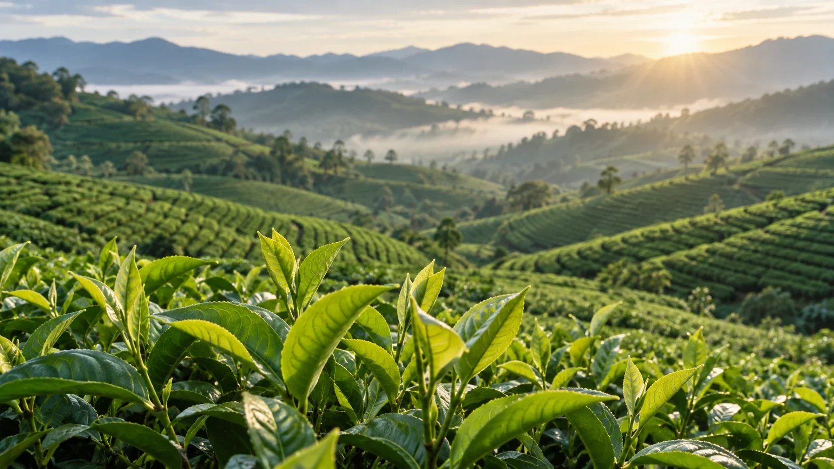 Green tea leaves and tea fields