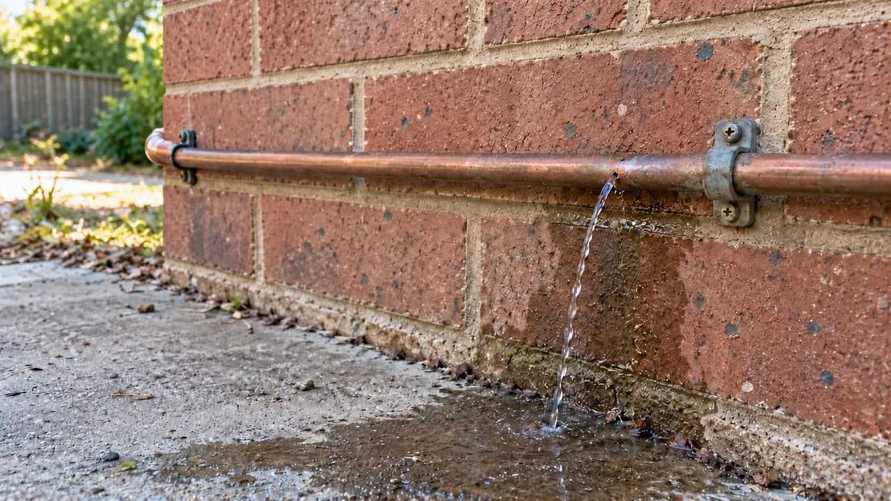 Water leaking from a damaged copper pipe on an exterior brick wall.