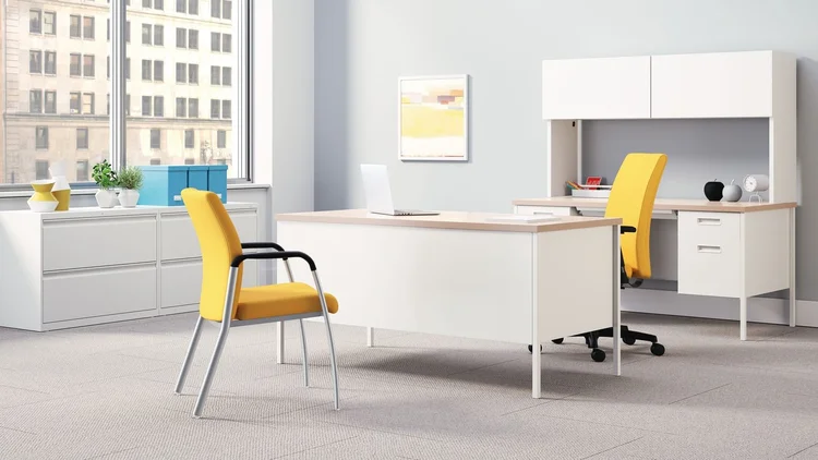White steel desk with hutch and lateral files