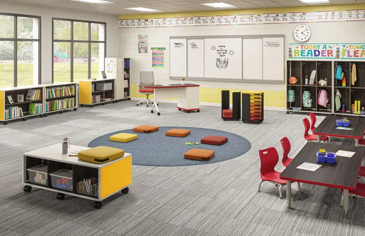 Classroom with floor cushions and mobile storage