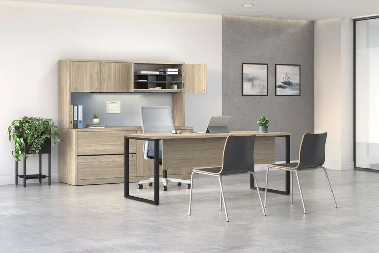 Private office with oak shelving and casual meeting table