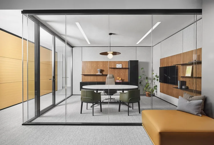 Architectural glass walls and modular workspace