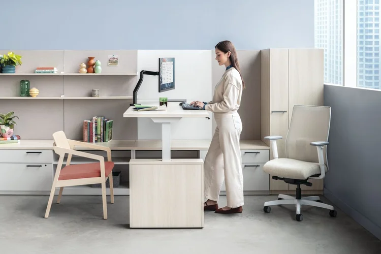 Height-adjustable desk with wall shelving and storage tower