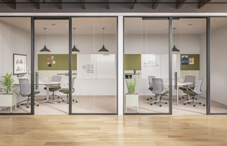 Architectural glass walls and modular workspace