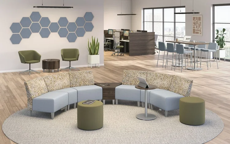Curved bench seating with green ottomans and hexagon wall panels