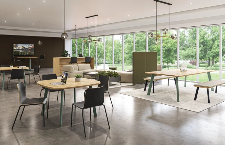 Open cafe with wood tables and benches