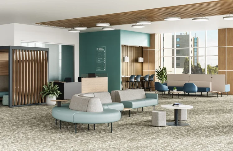 Hospital lobby with curved modular seating