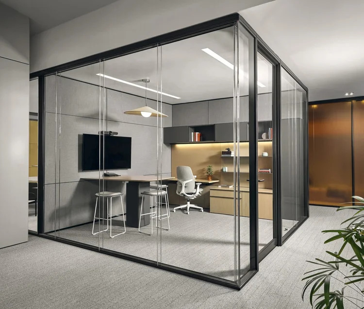 Glass-walled office with storage wall and standing-height table