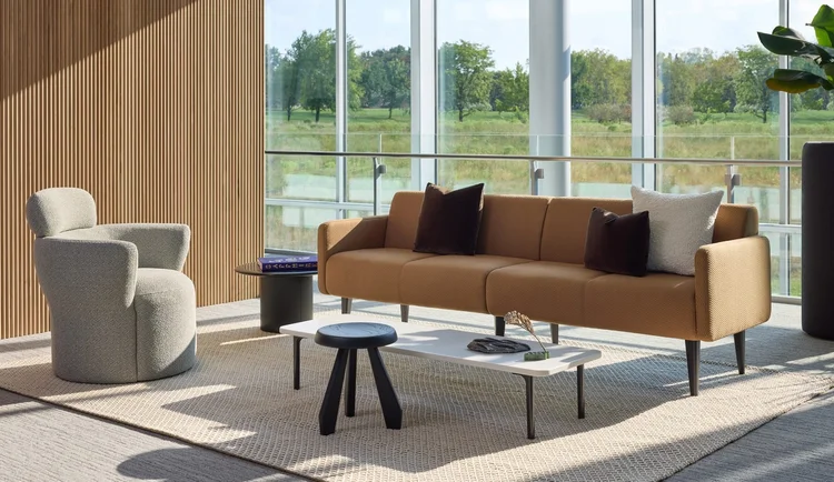 Tan sofa and boucle swivel chair by a window wall