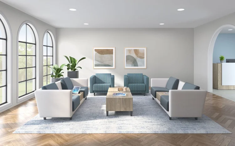 Waiting room with sofas, armchairs and a wood coffee table